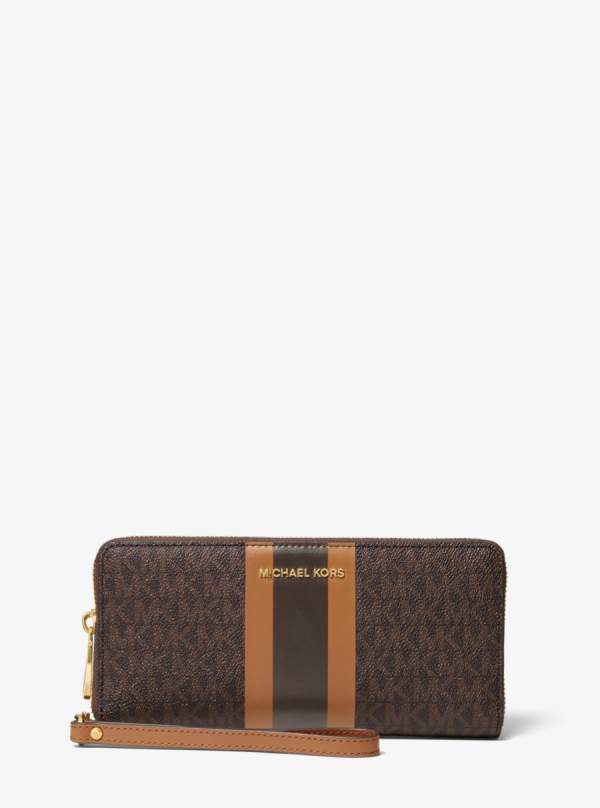 Damske Penazenky Michael Kors Logo Stripe Continental Wristlet Čokoláda Žlté - Doplnky Michael Kors Lacne | GSQCP-9026